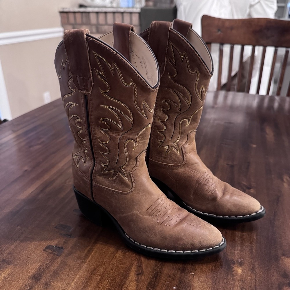 Old West Kids Unisex Cowboy Boots Brown Western Pointed Toe 8129 Size 13.5